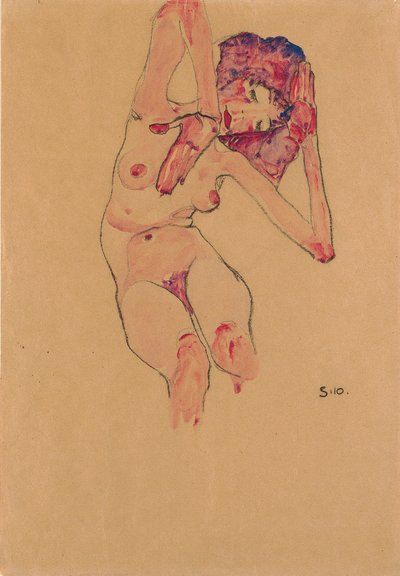 Siddende nøgen kvinde med bøjet hoved og løftede arme; Siddende nøgen med bøjet hoved og løftede arme, 1910 af Egon Schiele