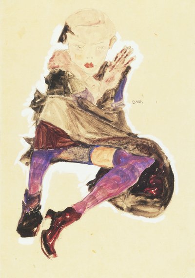 Siddende pige med stribede strømper; Siddende pige med stribede strømper, 1910 af Egon Schiele