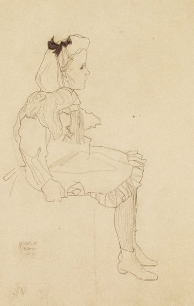Siddende pige med sløjfe i håret, 1909 af Egon Schiele