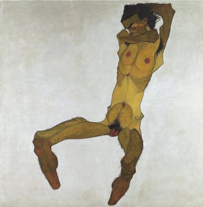 Siddende mandlig nøgenmodel (selvportræt)  af Egon Schiele