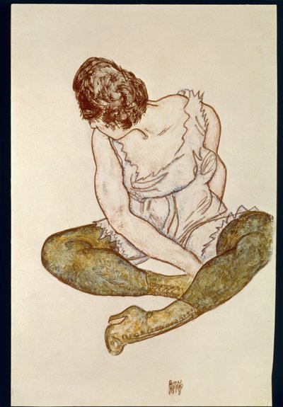 Siddende kvinde med grønne strømper ... (akvarel og sort farvekridt) af Egon Schiele