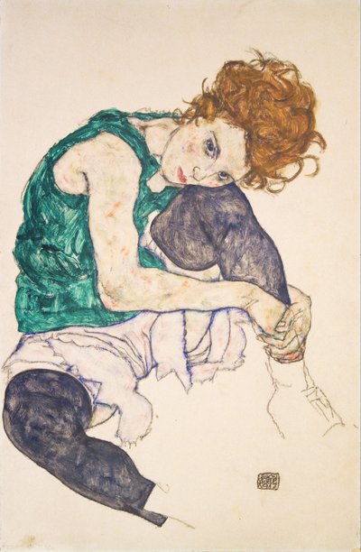Siddende kvinde med ben trukket op Adele Herms af Egon Schiele