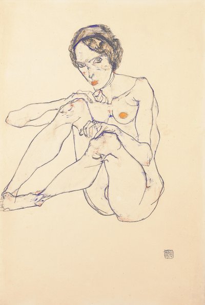 Siddende kvindelig nøgen, 1914 af Egon Schiele