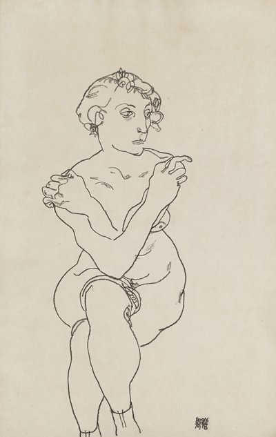 Siddende kvindelig nøgen, arme og ben i kors, 1918 af Egon Schiele