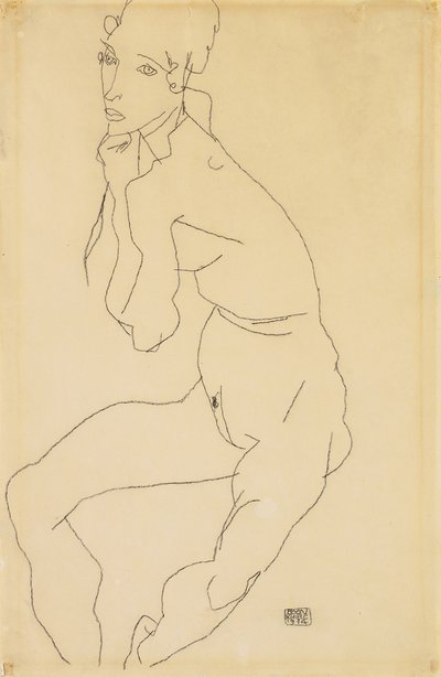 Siddende nøgen kvinde med hånd på hagen, 1914 af Egon Schiele