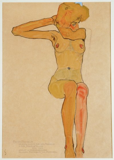 Siddende nøgen kvinde med løftet højre arm (gouache, akvarel og sort farvekridt) af Egon Schiele