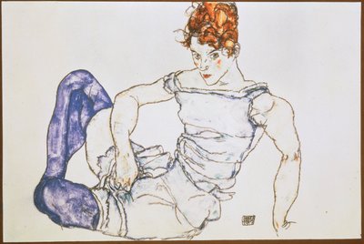 Siddende kvinde i lilla strømper ... (gouache og sort farveblyant) af Egon Schiele