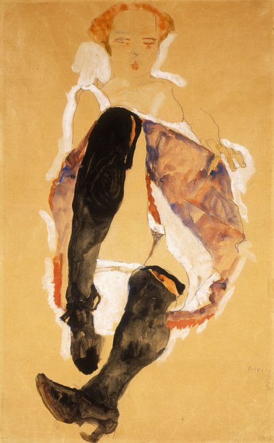 Siddende kvinde med sorte strømper; Siddende pige med sorte strømper, 1911 af Egon Schiele
