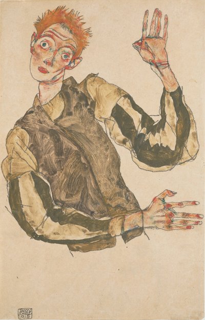 Selvportræt med stribede ærmebeskyttere af Egon Schiele