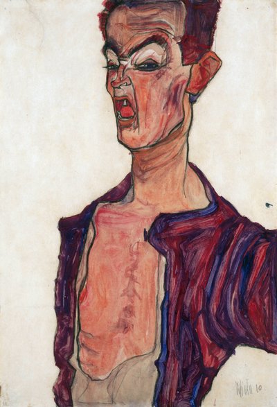 Selvportræt, grimasser - Schiele, Egon (1890-1918) - 1910 - Gouache på papir - 45,3x30,7 - Leopold Museum, Wien af Egon Schiele