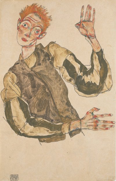 Selvportræt med stribede armbind, 1915 af Egon Schiele