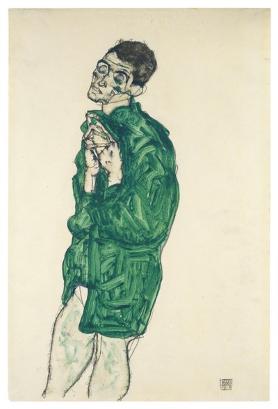 Selvportræt i grøn skjorte med lukkede øjne, 1914 af Egon Schiele