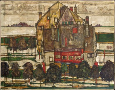 Single Houses (Houses with Mountain) 1915 (olie på lærred) af Egon Schiele