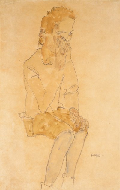 Siddende dreng, 1910 af Egon Schiele