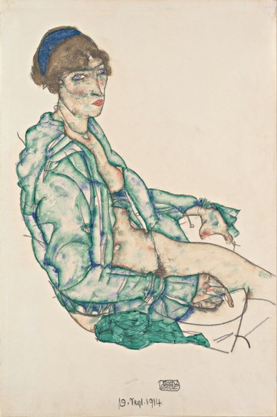 Siddende halvnøgen med blåt hårbånd, 1914 af Egon Schiele