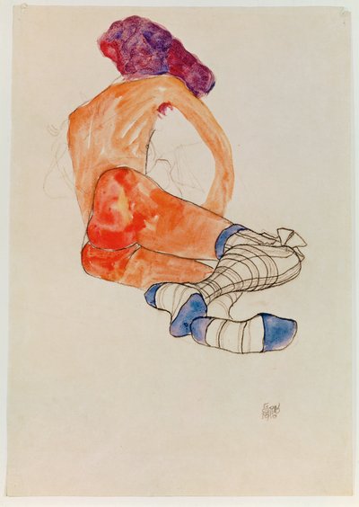 Siddende kvindelig nøgen med blåt strømpebånd, fra ... (gouache, akvarel og kul) af Egon Schiele