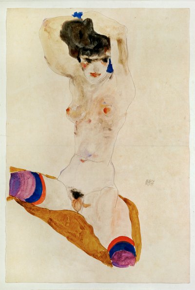 Siddende nøgen pige med over hovedet ... (akvarel og blyant) af Egon Schiele