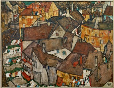 Lille by - Krumau i Tjekkoslovakiet (olie på lærred) af Egon Schiele
