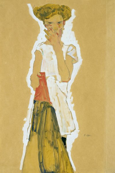 Stående pige i hvid underkjole af Egon Schiele