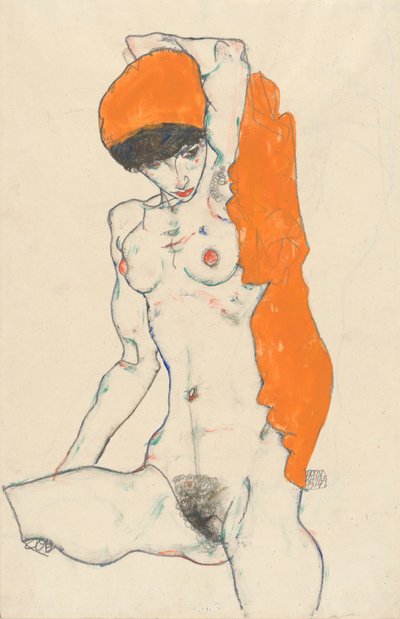 Stående nøgen med orange draperi, 1914 (wc, gouache og grafit på papir) af Egon Schiele