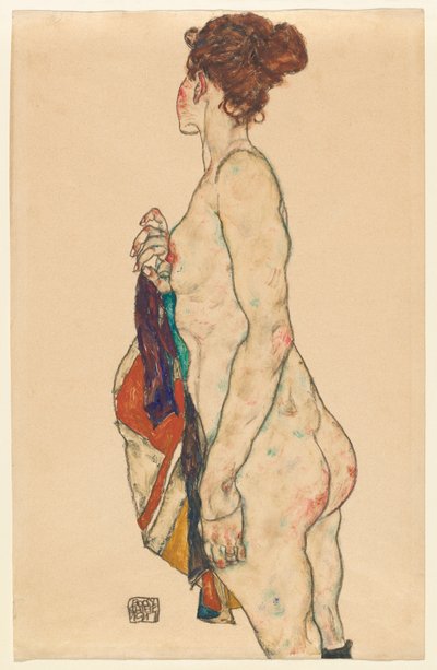 Stående nøgen med en mønstret kappe af Egon Schiele