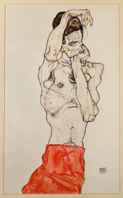Stående mandlig nøgen med rødt lændeklæde (gouache, akvarel og blyant) af Egon Schiele