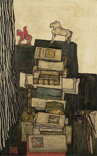 Stilleben med bøger Schieles skrivebord, 1914 af Egon Schiele