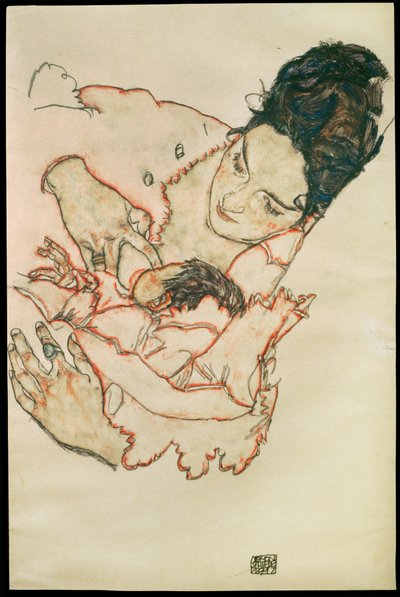Stillende Mutter - Ammende mor ... (akvarel og sort farvekridt) af Egon Schiele