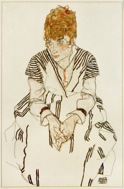 Kunstnerens svigerinde i stribet kjole, siddende af Egon Schiele