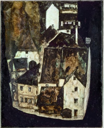 Tote Stadt III (Stadt am blauen Fluss III) [Død by Iii (By ved den blå flod III)], ... (olie og gouache på træ) af Egon Schiele
