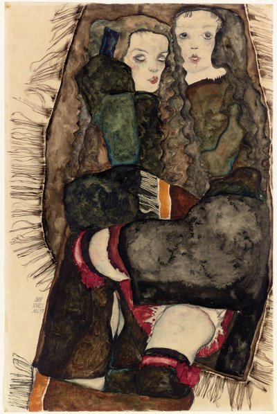 To piger på et frynset tæppe; To piger på et tæppe med frynser, 1911 af Egon Schiele