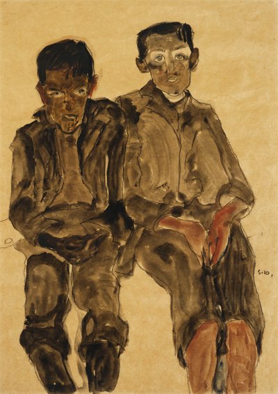 To siddende drenge; To siddende drenge, 1910 af Egon Schiele