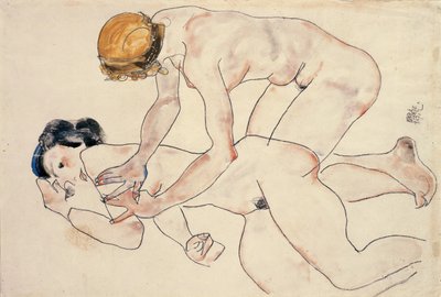 To kvindelige nøgenbilleder, lænende og knælende af Egon Schiele