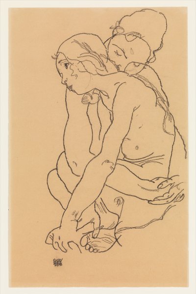 Frau und Mädchen, die sich umarmen af Egon Schiele