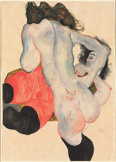 Kvinde med røde bukser og stående kvinde nøgen; Tilbagelænet kvinde med røde bukser og stående kvindelig nøgen, 1912 af Egon Schiele