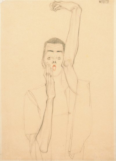 Ung mand med løftet arm og rød mund; Selvportræt med hævet venstre arm og rød mund, 1909 af Egon Schiele
