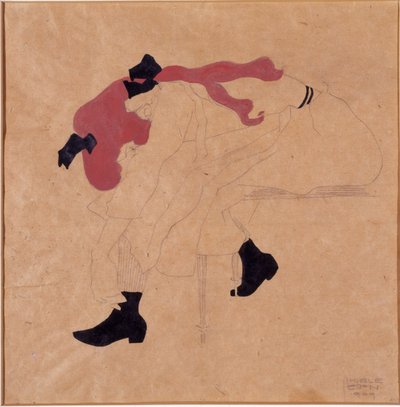 Ung pige med sort bånd i rødt hår, der tager sine sko på, 1909 af Egon Schiele