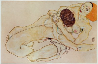 To piger - kærligt par ... (gouache og blyant) af Egon Schiele