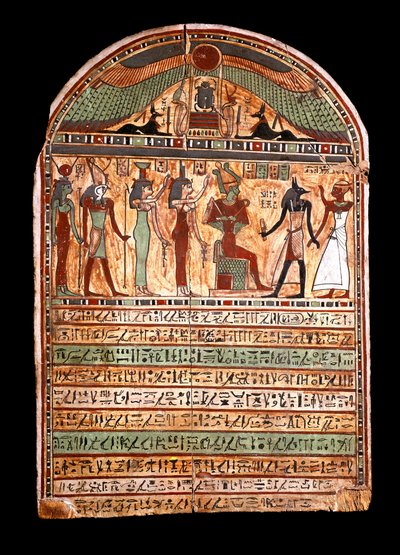 Egyptisk antikvitet: en ypperstepræsts begravelsesstele: Osiris byder den afdøde velkommen i Anubis, bag ham guderne Isis, Nephtis (Nephtys eller Neftis), Horus, Hathor. 3.-2. århundrede f.Kr. turin, egyptisk museum - egyptiske antikviteter: begravelsesste af Egyptian