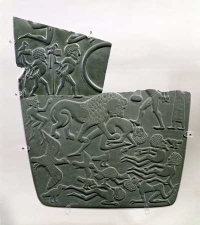 Slagmarkspaletten, der viser fanger og dræbte ofre for kamp, sidstnævnte forgrebet af vilde dyr, sent prædynastisk til 1. dynasti, ca. 3100 f.Kr. (grå skifer) af Egyptian