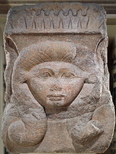 Hovedstad med Hathors hoved overtaget af Osorkon II (ca. 883-855 f.Kr.) fra Bubastis, Middle Kingdom (granit) af Egyptian 12th Dynasty