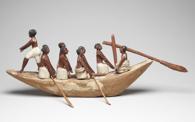 Model sejlbåd fra Tomb of Khety (Beni Hasan) Middle Kingdom, ca. 2010 B.C. - 1950 f.Kr. (malet træ og linned) af Egyptian 12th Dynasty