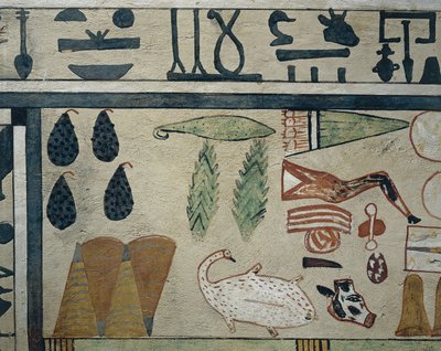 Paneldetalje, der repræsenterer forskellige madtilbud, fra Sarcophagus of Irinimenpu af Egyptian 12th Dynasty