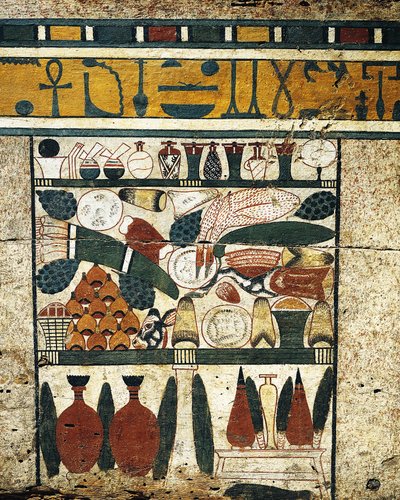 Pudset, malet træpaneldetalje med bunke af begravelsesoffer, fra Sarcophagus of Ibi af Egyptian 17th Dynasty