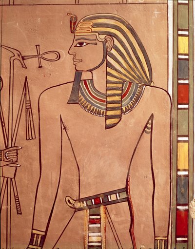 Amenhotep II (ca. 1427-1392 f.Kr.) med en ankh hævet til sine læber fra sarkofagkammeret i hans grav, New Kingdom (malet kalksten) af Egyptian 18th Dynasty