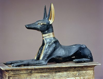 Anubis, egyptisk gud for de døde fra en kiste i form af en helligdom, fra Tutankhamons grav (ca. 1370-52 f.Kr.) New Kingdom (træ) (se også 63054) af Egyptian 18th Dynasty