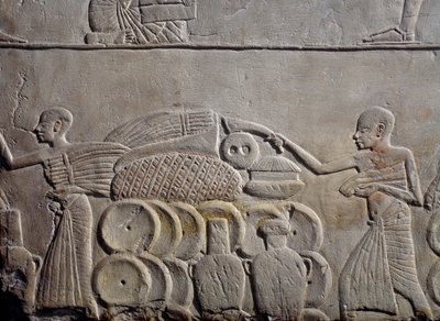 Opstilling af fødevarer i lagerbygninger, vægrelief i kalksten, fra Horemhebs memfitiske grav i Saqqara, den egyptiske civilisation, Det Nye Rige, XVIII. dynasti af Egyptian 18th Dynasty