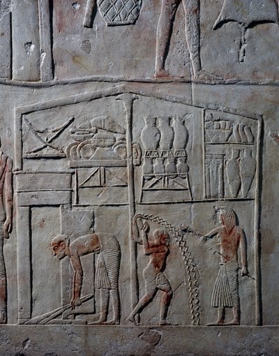 Opstilling af fødevarer i lagerbygninger, vægrelief af kalksten, fra Horemhebs memfitiske grav i Saqqara, Egyptisk civilisation, Det Nye Rige, XVIII. dynasti af Egyptian 18th Dynasty
