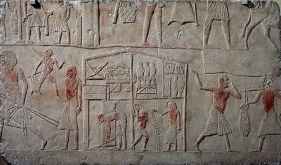 Opstilling af fødevarer i lagerbygninger, vægrelief af kalksten, fra Horemhebs memfitiske grav i Saqqara, Egyptisk civilisation, Det Nye Rige, XVIII. dynasti af Egyptian 18th Dynasty