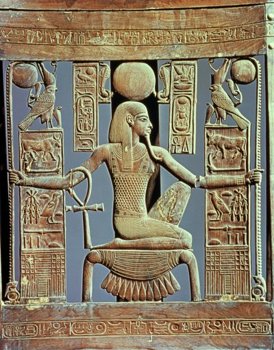 Ryglæn af en stol fra Tutankhamons grav (ca. 1370-52 f.Kr.), der skildrer ånden fra millioner af år, New Kingdom (cedertræ) (se også 227983) af Egyptian 18th Dynasty